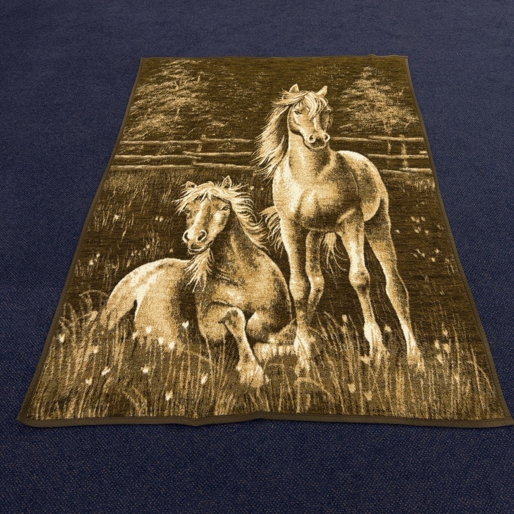 Vintage Biederlack Blanket Horse Foal Farm equestrian 74 X 53 Chocolate Brown